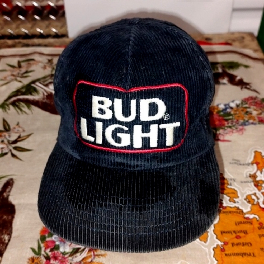 Vtg Stylemaster Bud Light Corduroy Snapback Hat Cap Navy-White-Red OS